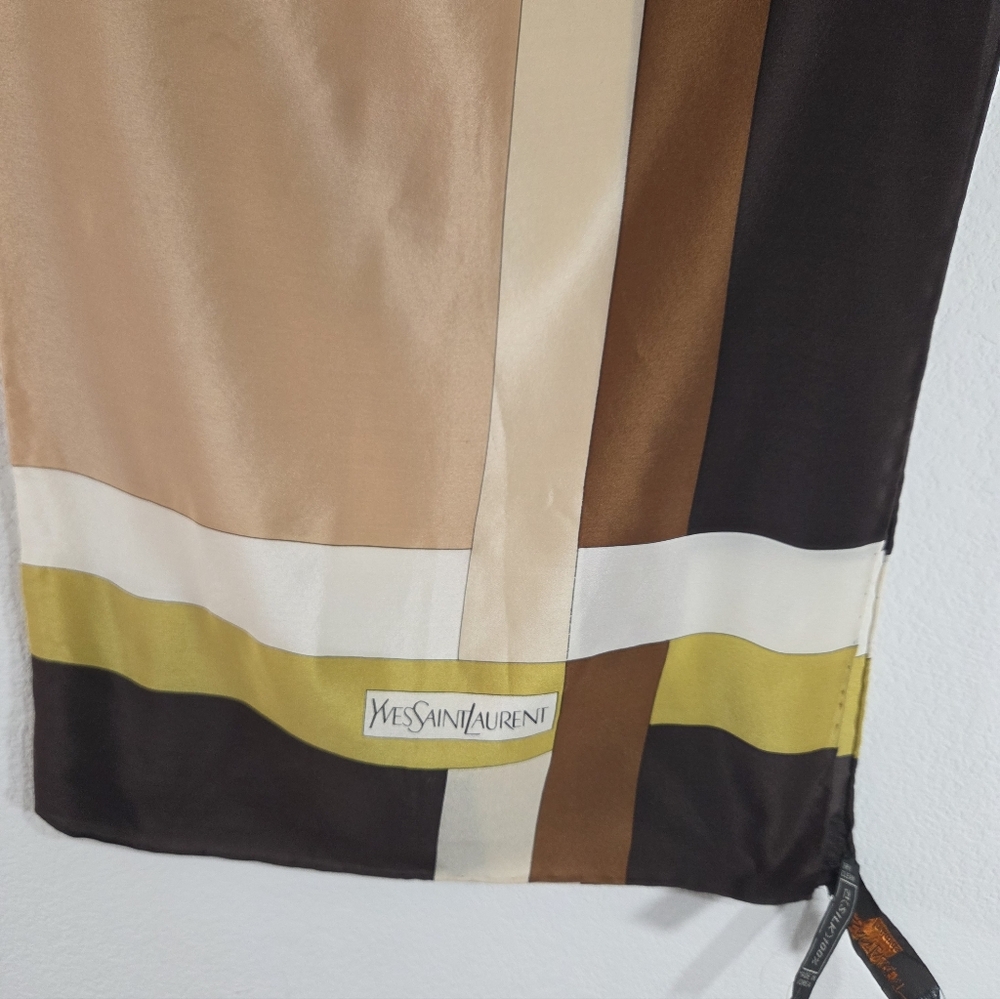 Vintage YVES SAINT LAURENT Silk Geometric Neutral Neckerchief Square Scarf - Picture 4 of 15